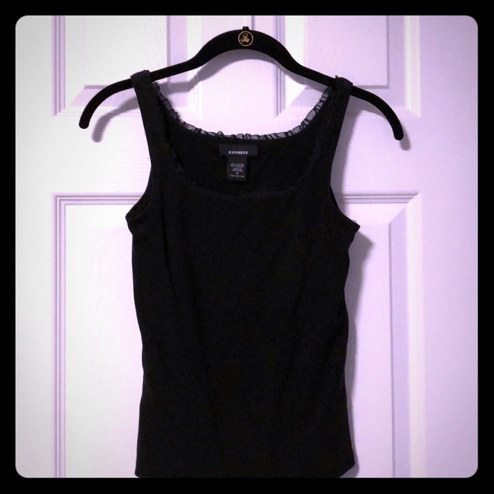 Black cotton tank with ruffle trim.